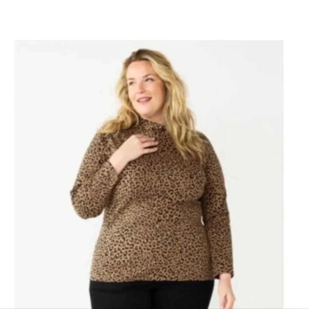 Women's Leopard Print Mock Neck Top Medium Stretch Long Sleeve Style & Co. NWT